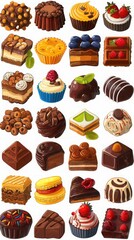 A collection of assorted chocolate and fruit pastries, cakes, and sweets arranged in a grid pattern on a white background, showcasing a variety of dessert options.

