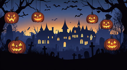 Halloween night background with pumpkins, lanterns, and a haunted house in the style of digital airbrushing cartoon, in dark orange and light blue, with detailed foliage, full moon lighting, 