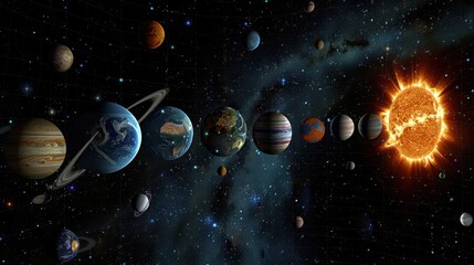 Naklejka premium An illustration of the solar system with planets aligned in a linear arrangement, depicting the vastness of outer space and cosmic beauty.