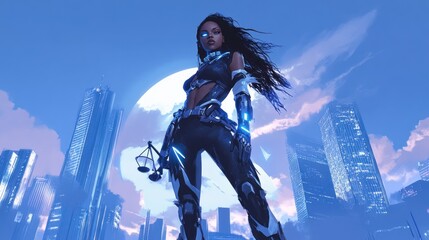 A futuristic character stands confidently against a city skyline, embodying justice and empowerment.