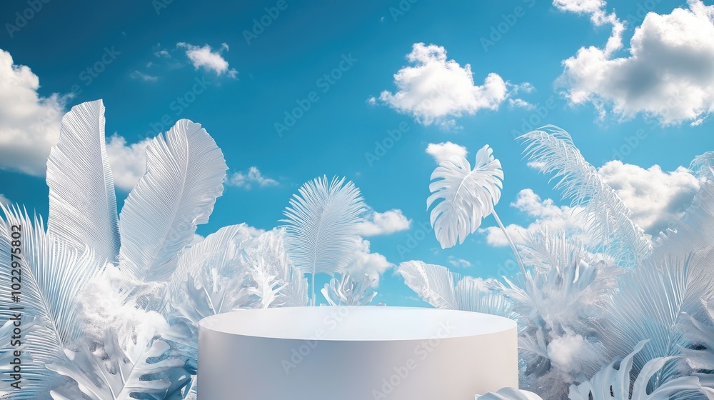 Poster 3d rendering of an abstract podium display featuring tropical leaves against a backdrop of blue skie