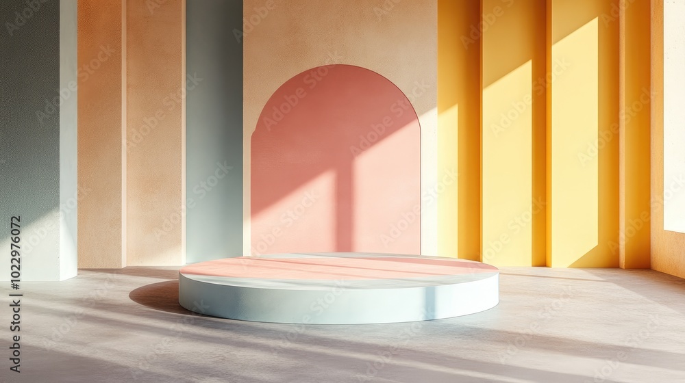 Aufkleber 3D rendering of a studio featuring geometric shapes and a podium on the floor Platforms designed for product showcase with a mockup background An abstract composition in minimalist style
