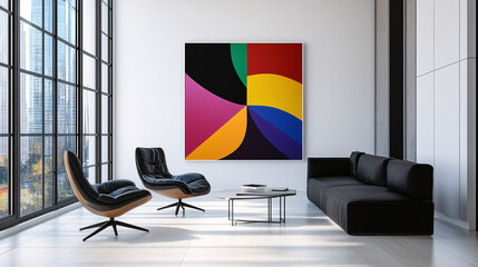 One large, colorful art print in the center of a white gallery-style wall, capturing the essence of modern minimalism.