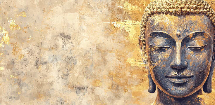 Illustration of Golden Buddha Face. Buddha statue used as amulets of Buddhism religion