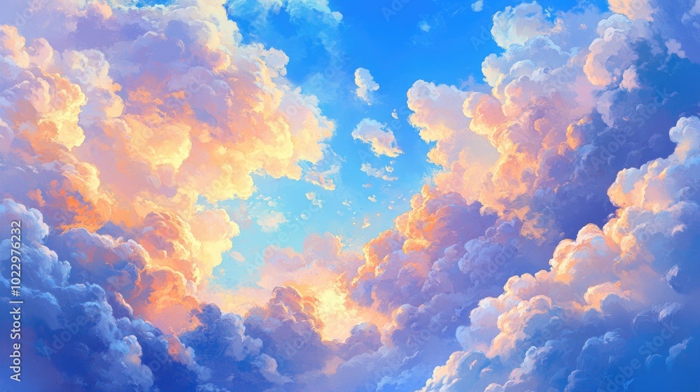 Poster artistic abstract landscape featuring whimsical puffy clouds in a vivid blue sky illuminated by brig