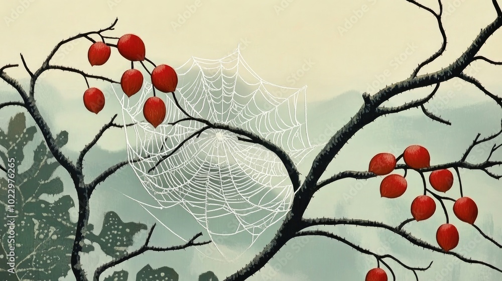 Poster cobweb on red rose hips with blurred background