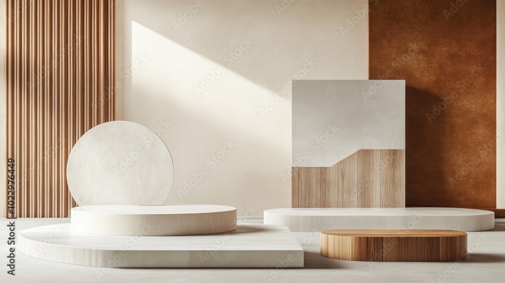 Aufkleber 3D rendering of a studio featuring geometric shapes and a podium on the floor Platforms designed for product display with a mock up background An abstract composition in minimalistic design