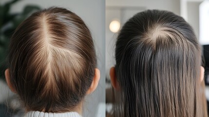 Naklejka premium Hair thinning reversal testimonial, with before photos of patchy hair and after images demonstrating noticeable hair regrowth using natural remedies