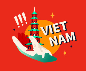Good morning, Vietnam - modern colored vector illustration with rising sun and the palm that holds the Thien Mu Pagoda. Buddhist temple located on the bank of a river. Historical landmarks idea