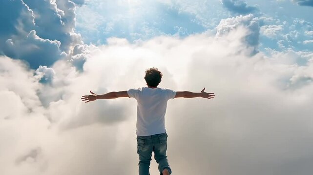 Man Flying Freely Through the Clouds with Arms Outstretched, Embracing Freedom and Limitless Possibilities