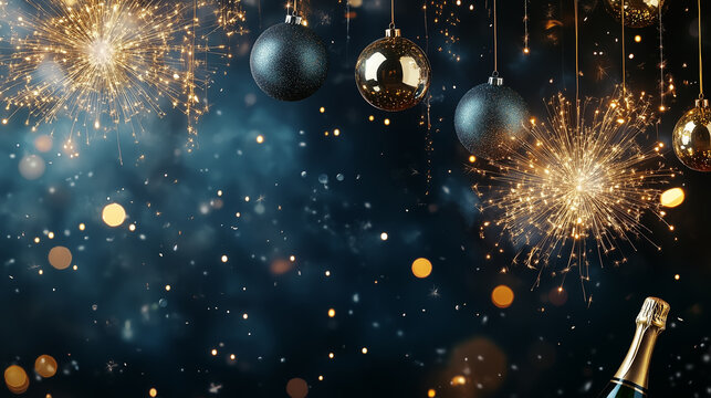 A champagne bottle against a bokeh background, surrounded by colorful confetti, capturing the essence of celebration and festivity