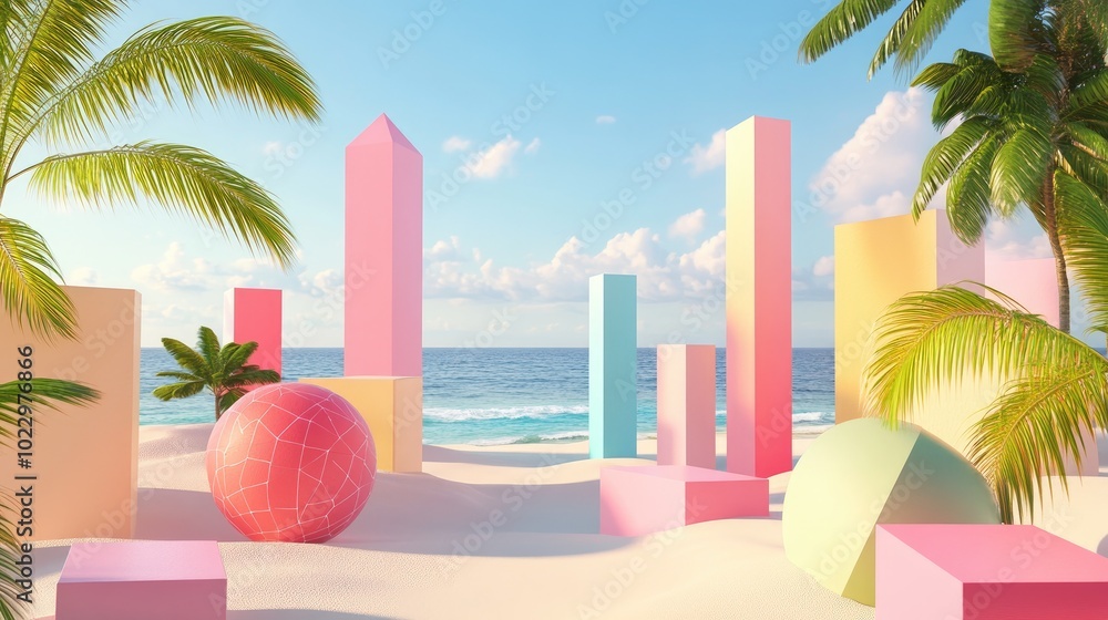 Poster Abstract summer landscape featuring geometric shapes with a beach view 3D rendering