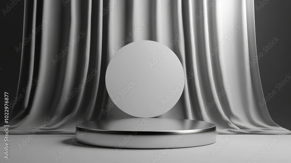 Poster 3d podium display with silver pedestal and blank backdrop for product presentation