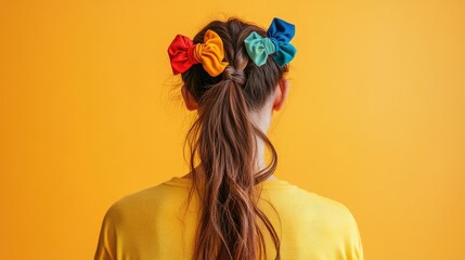 Naklejka premium Woman hair in a pigtail, tied with colorful scrunchies, viewed from behind against a bright background.