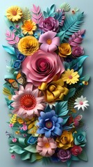 Vibrant 3D floral art featuring an array of colorful flowers, leaves, and butterflies on a textured blue background, creating an artistic and decorative composition.

