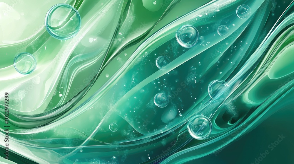 Poster Abstract green and azure wallpaper featuring 3D effects with transparent bubbles in varying sizes set against a backdrop of flowing overlapping wavy shapes Vector illustration