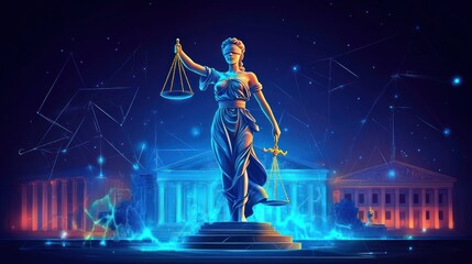 Obraz premium A digital depiction of Lady Justice holding scales, symbolizing law and order against a cosmic backdrop.