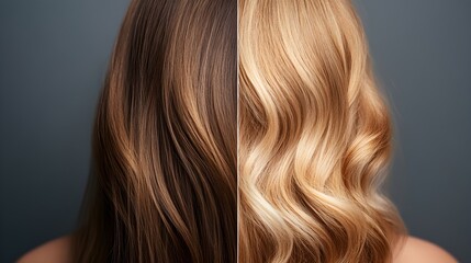 Naklejka premium Split-screen comparison of a woman's scalp, showing significant regrowth after hair loss treatment, with clear focus on hair texture, Photorealistic, Clean Background