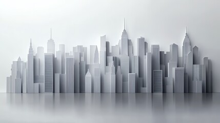 Paper cut minimalist skyline with simple, modern building silhouettes in grayscale, paper cut cityscape, minimalist urban art