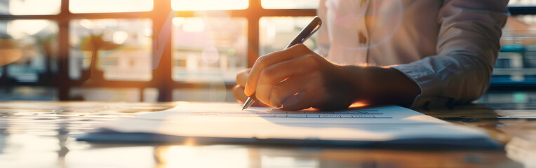 Close up portrait of hand holding a pen over contract document, reading  with light in background