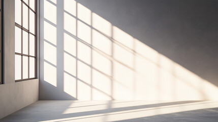 Open window in a modern loft, with sunlight creating geometric shadows on a neutral wall Focus on simplicity with strong lines and natural light patterns