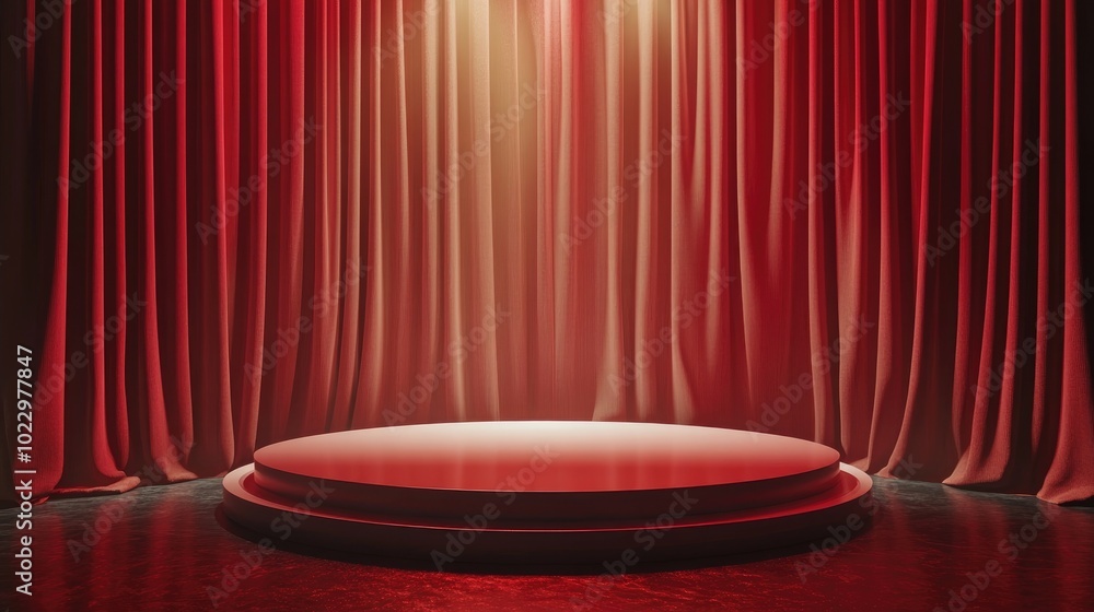 Poster 3D podium with red background and fabric curtain illuminated by spotlight in a luxurious setting