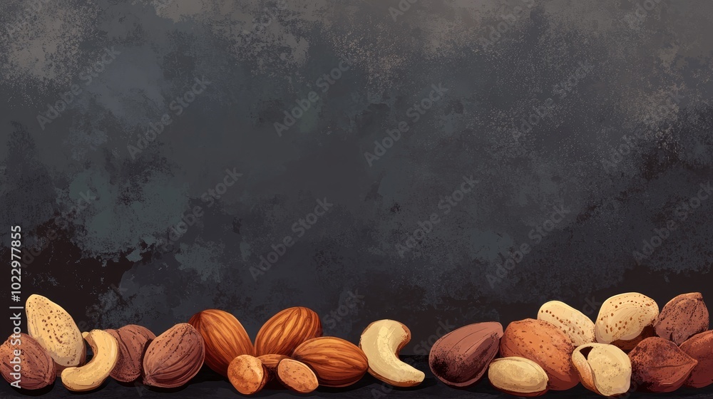 Poster Assorted nuts arranged in a row on a dark stone surface creating a textured background with ample space for text