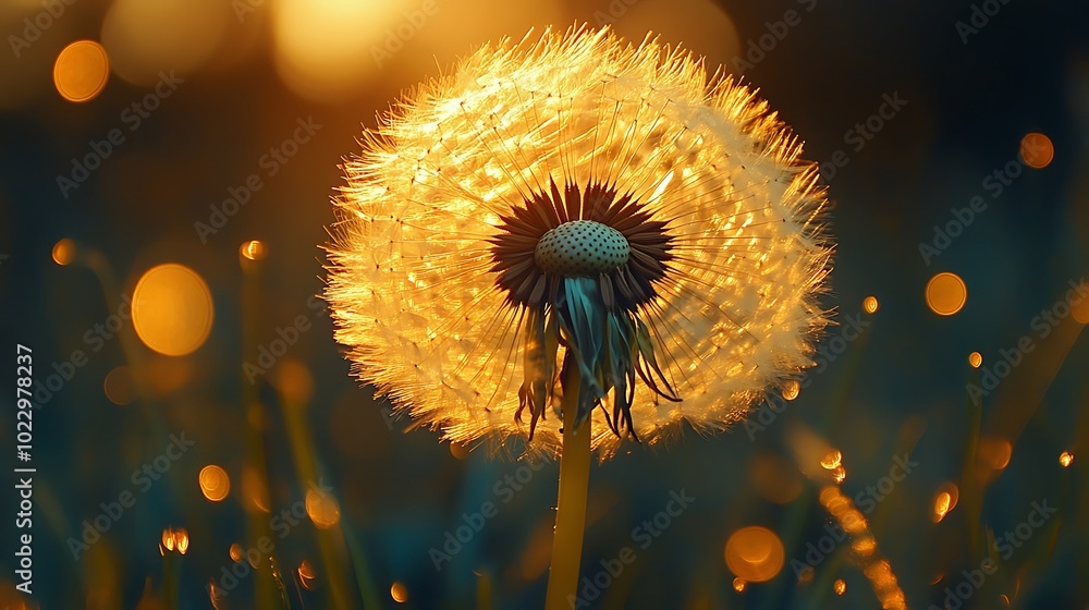Poster a single dandelion seed head, backlit by the setting sun, with bokeh effect in background.