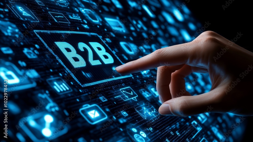 Poster hand pointing at a glowing b2b button on a digital screen surrounded by various business icons.
