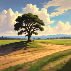 Fototapeta premium Realistic illustration of summer landscape with lonely tree on horizon.