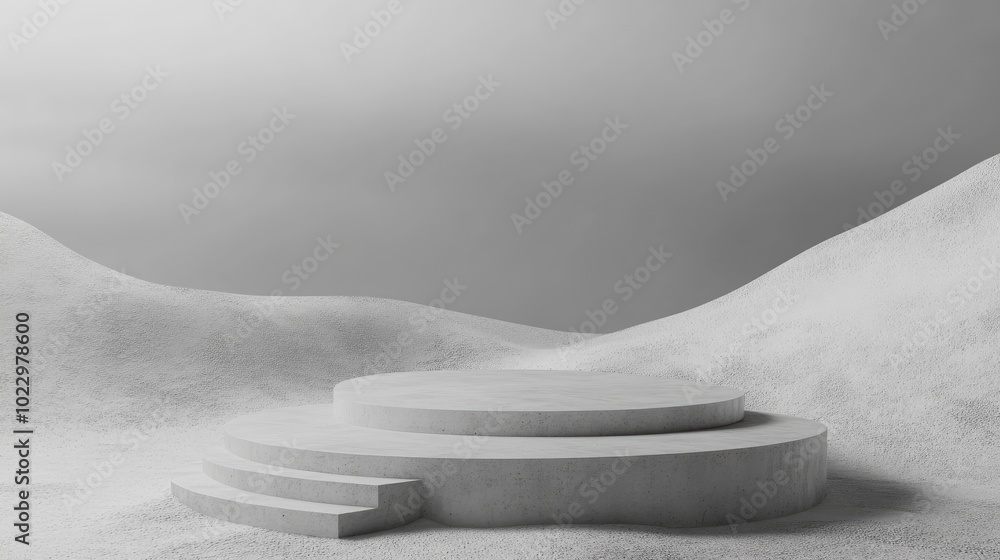Aufkleber 3D rendering of a minimalist landscape featuring an empty concrete texture podium designed for product displays