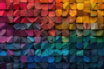 Fototapeta premium A colorful mosaic wall composed of various gradient hues, creating a vibrant and textured abstract pattern.