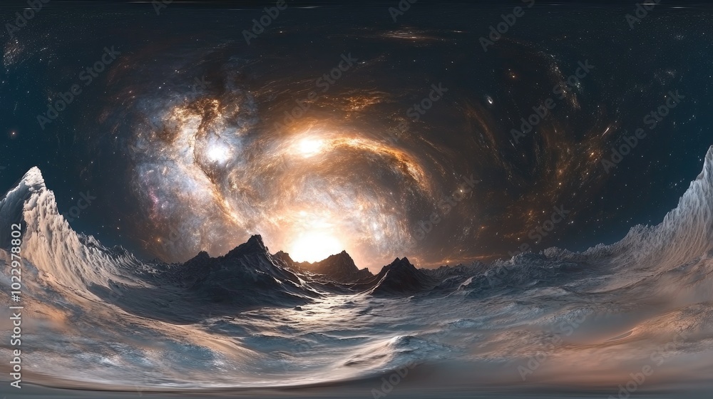 Aufkleber 360 degree equirectangular space background featuring nebulae and stars serving as an environment map HDRI spherical panorama 3D illustration