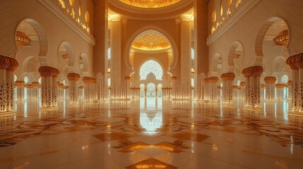 Obraz premium Interior of a grand mosque with ornate columns, arches, and a golden dome.