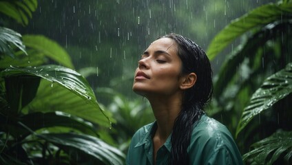 Woman in green attire enjoying rain with closed eyes, surrounded by nature