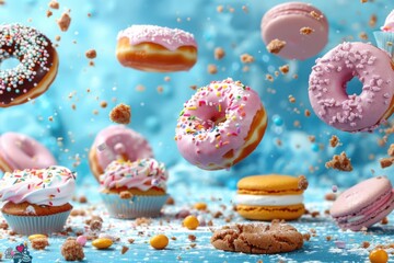 Floating pink donuts, cupcakes, and macarons with sprinkles against a blue background, creating a whimsical dessert composition.

