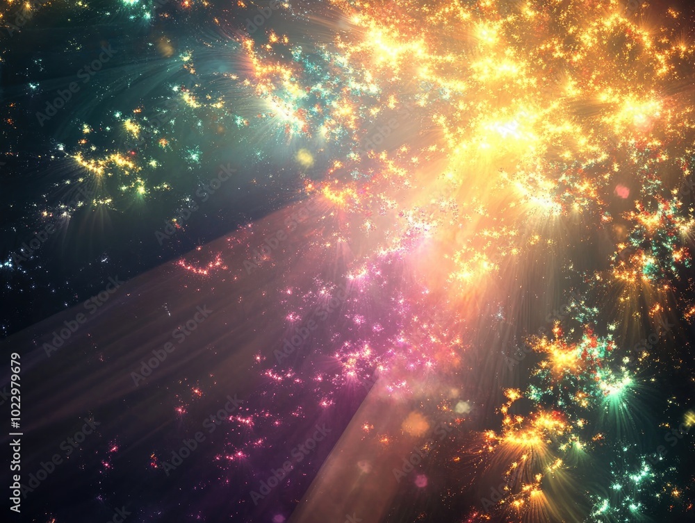 Poster Abstract fractal background featuring a textured fantasy celebration of chaos with sunbeams luminescent patterns and explosive light effects