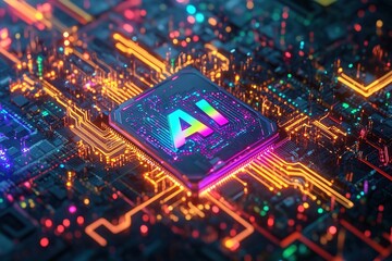 Obraz premium AI processor chip on a vibrant circuit board, surrounded by glowing neon lines and components, symbolizing advanced technology and artificial intelligence innovation