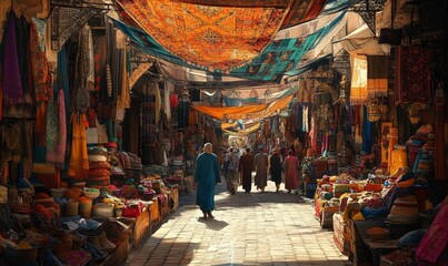 Obraz premium Colorful market stalls with people walking.