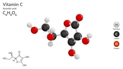 Molecule of ascorbic acid (C6H8O6) or vitamin C is a water-soluble vitamin essential for the growth and repair of tissues. It acts as a powerful antioxidant. White back. 3d illustration