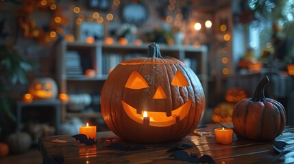 Cozy home interior festively decorated for Halloween. Autumn holiday. Pumpkins, garlands, bats, cobwebs. Holiday. Greeting card	
