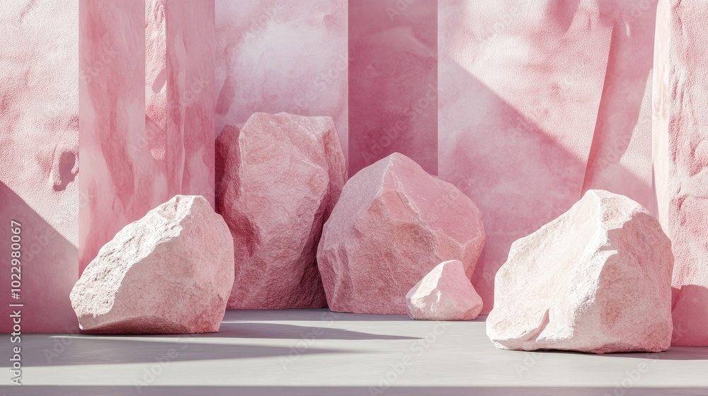 Aufkleber Abstract pastel pink geometric background featuring stone and rock shapes ideal for podium display or showcase 3D rendering