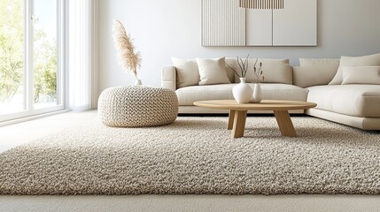 Modern living room with beige sofa, fluffy carpet, wooden coffee table, and large windows letting in natural light, creating a bright and cozy atmosphere