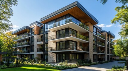 Obraz premium Modern apartment building with balconies and landscaping in a residential neighborhood.