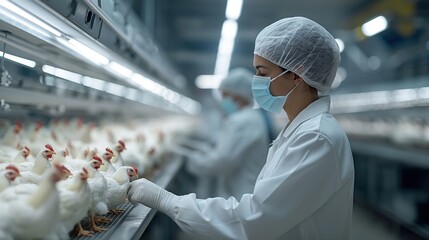 Poultry farm. Chickens. Chicken egg factory. Red chickens sit in special cages at the production facility. Agro-industrial company. Bird flu.	
