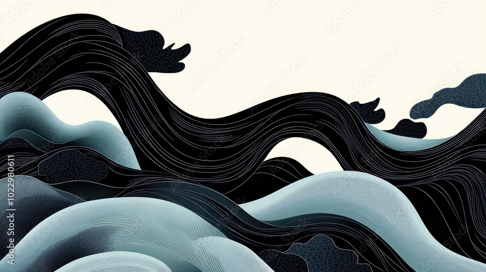 Aufkleber black wavy glossy silk drapery fabric with rippled texture abstract background