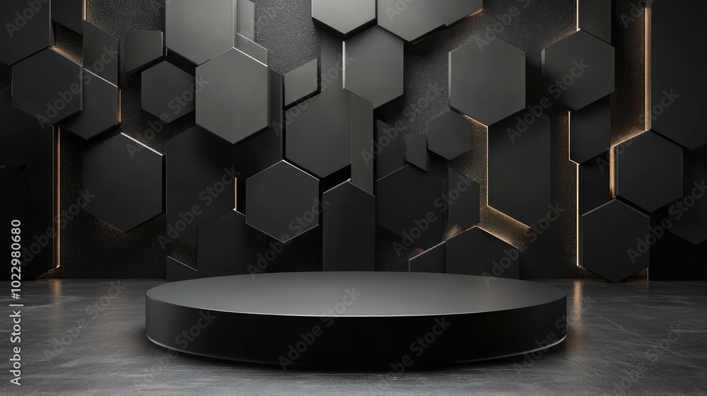 Poster 3d rendered black geometric display platform with a dark backdrop
