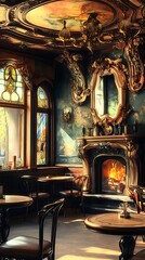 Obraz premium A cozy cafe with ornate details and a fireplace.