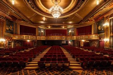 A theater with red seats and a chandelier, generative ai image