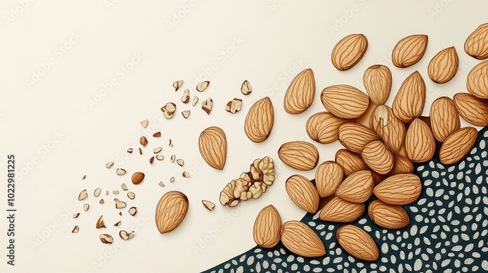 Poster almonds and walnuts with a cracked walnut on a white background